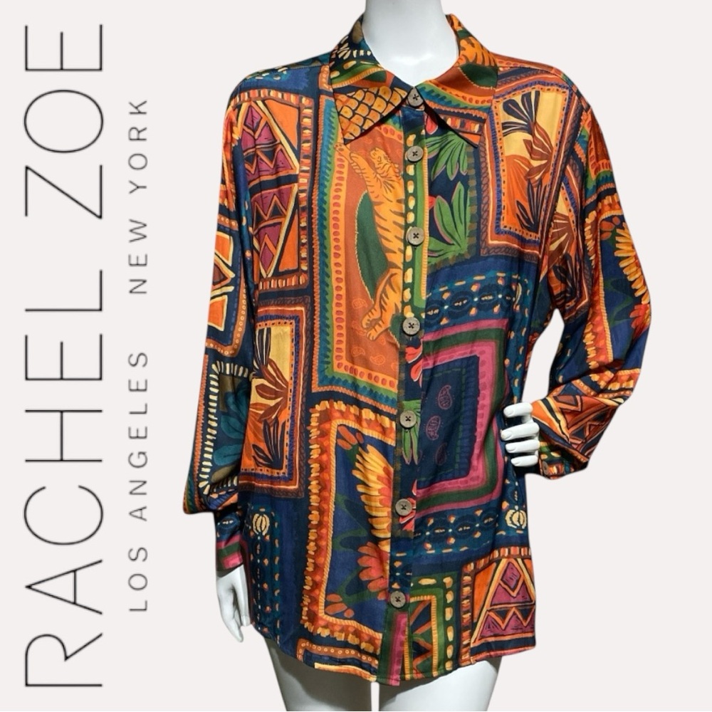 Rachel Zoe Button-Down Tropical Patchwork Floral … - image 1